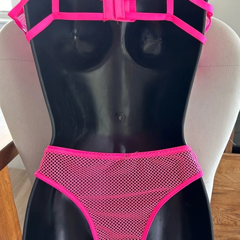 Hot Pink  mesh banded, open bra, and panty set NWOT.